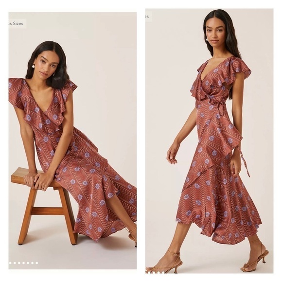 NWT BY ANTHROPOLOGIE Ruffle Sleeve Printed Wrap Maxi Dress Mauve XS - Picture 1 of 9